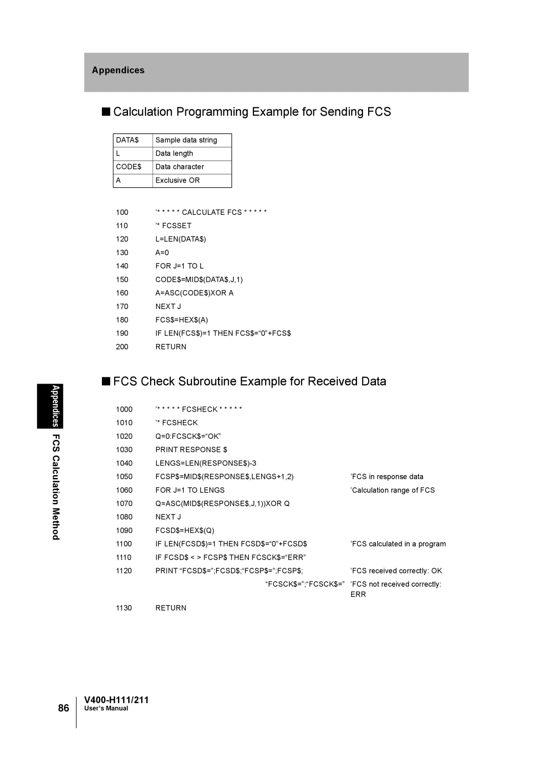 Omron V400-H111 user manual Calculation Programming Example for Sending FCS, FCS Check Subroutine Example for Received Data 