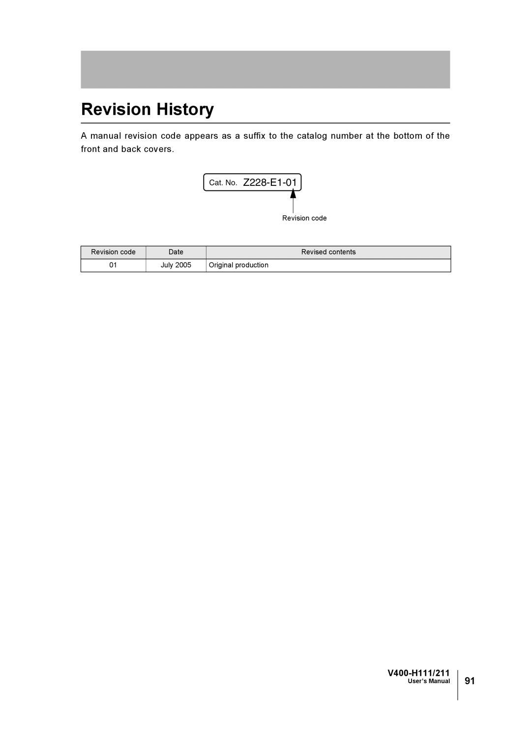 Omron V400-H111 user manual Revision History, Cat. No. Z228-E1-01 