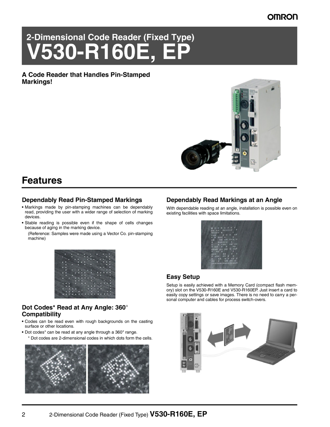 Omron V530-R160E manual Features, Dependably Read Pin-Stamped Markings, Dependably Read Markings at an Angle, Easy Setup 