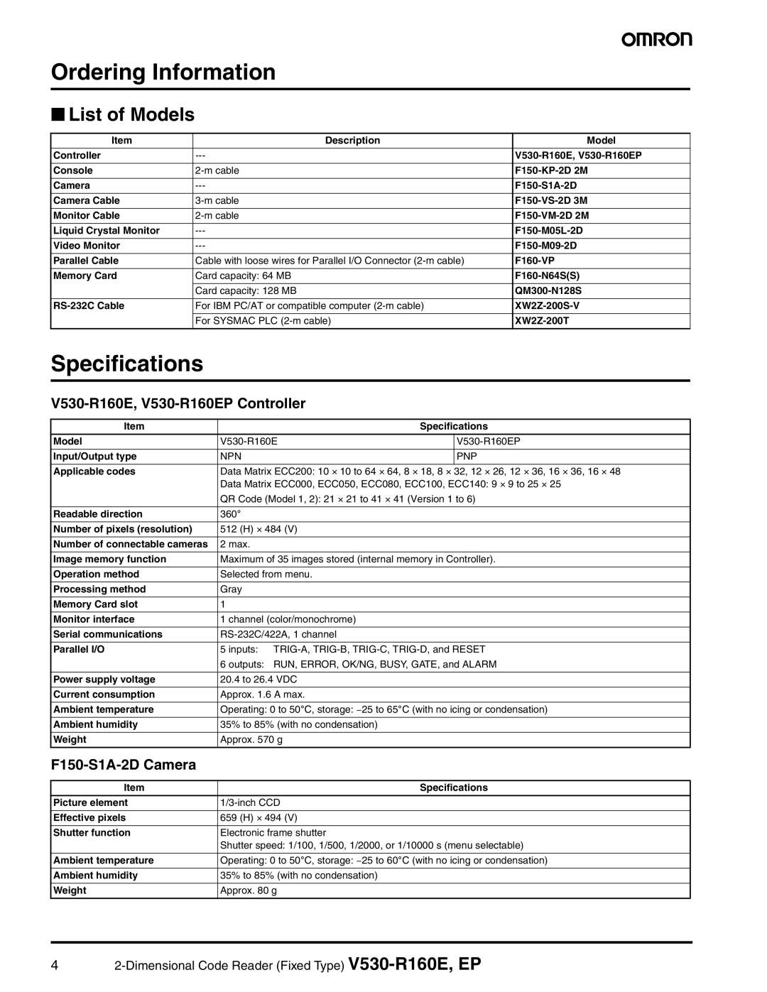 Omron manual Ordering Information, Specifications, V530-R160E, V530-R160EP Controller, F150-S1A-2D Camera 