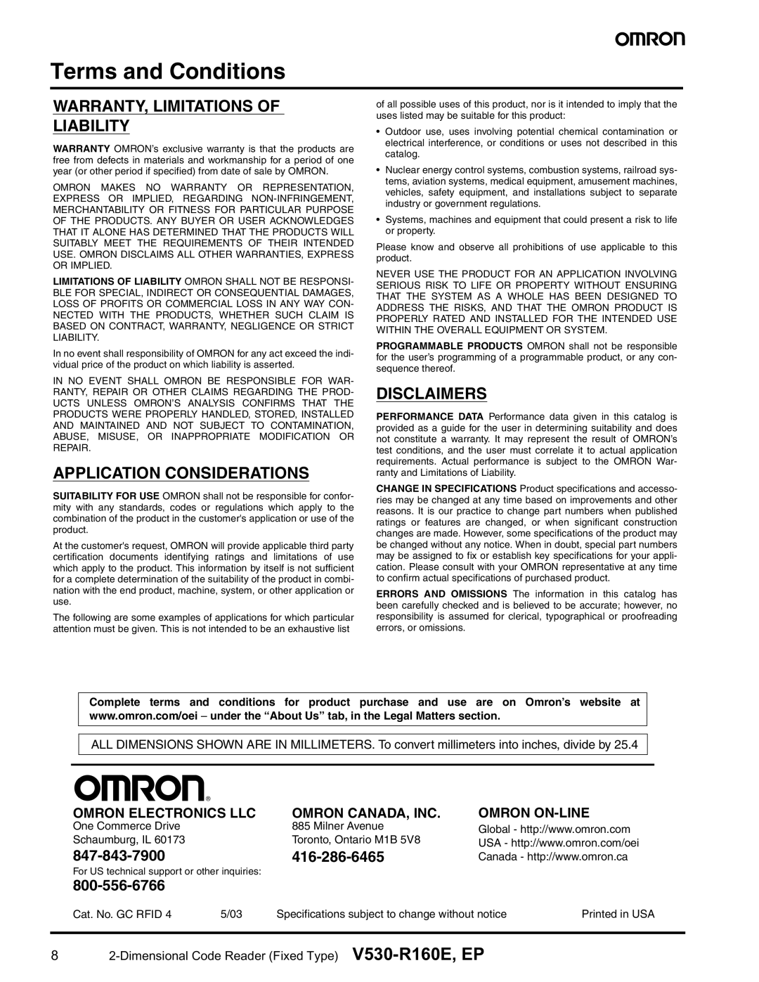 Omron V530-R160E manual Terms and Conditions, WARRANTY, Limitations of Liability 