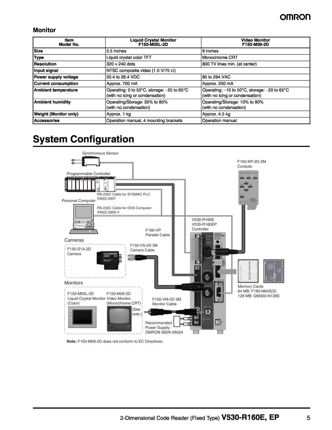 Omron manual System Configuration, Dimensional Code Reader Fixed Type V530-R160E, EP, Cameras, Monitors 