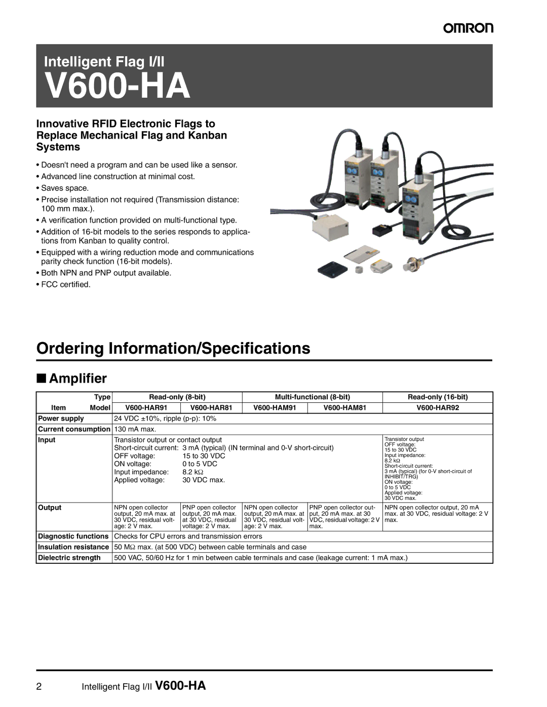 Omron V600-HA specifications Ordering Information/Specifications, Amplifier, Input, Output, Dielectric strength 