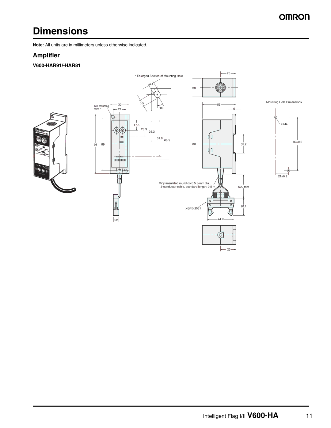 Omron specifications Dimensions, Amplifier, V600-HAR91/-HAR81 