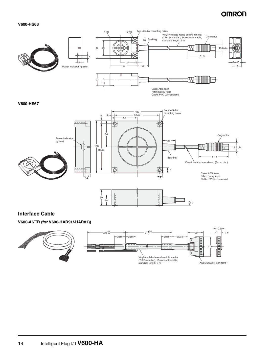 Omron specifications Interface Cable, V600-HS63, V600-HS67, V600-A6@R for V600-HAR91/-HAR81 