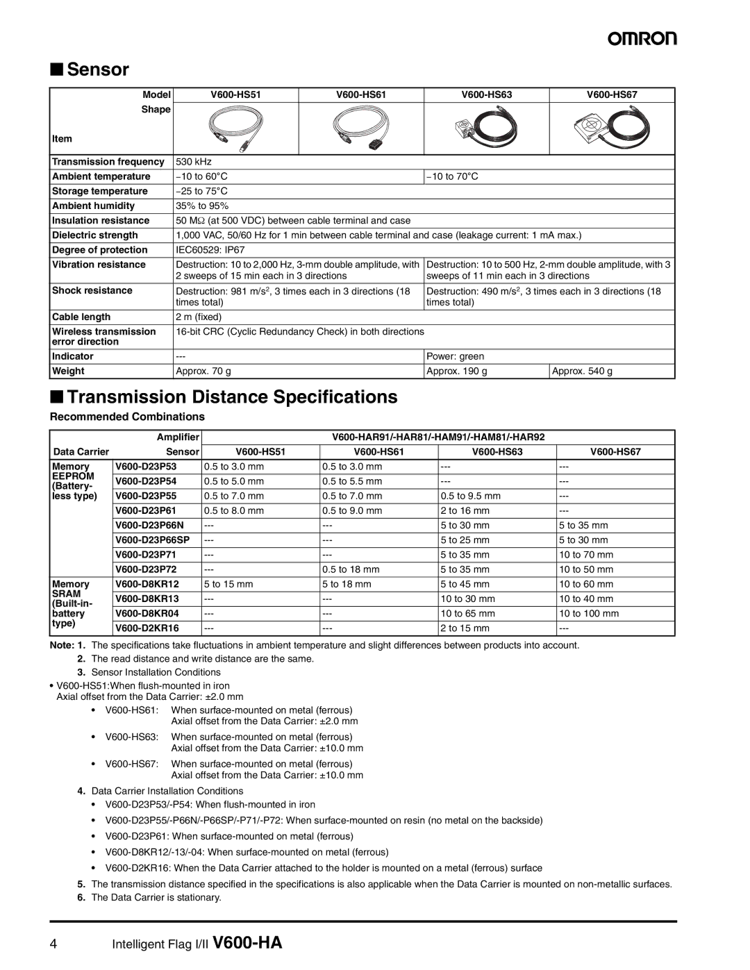 Omron V600-HA specifications Sensor, Transmission Distance Specifications, Recommended Combinations 