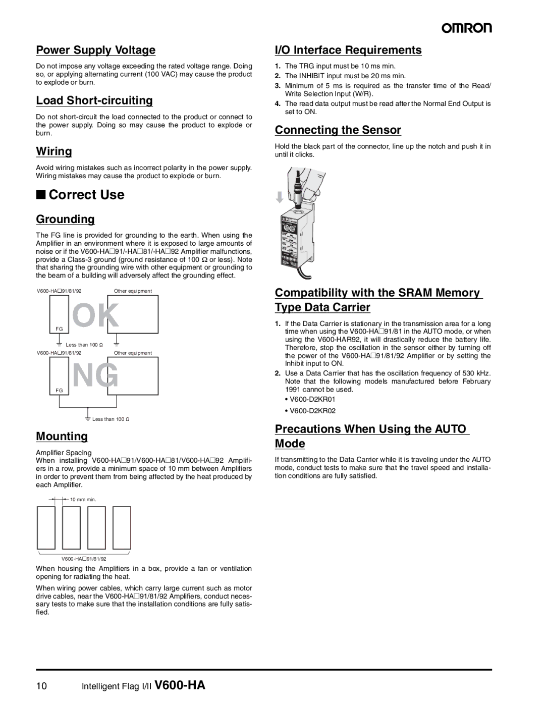 Omron V600-HA specifications Correct Use 