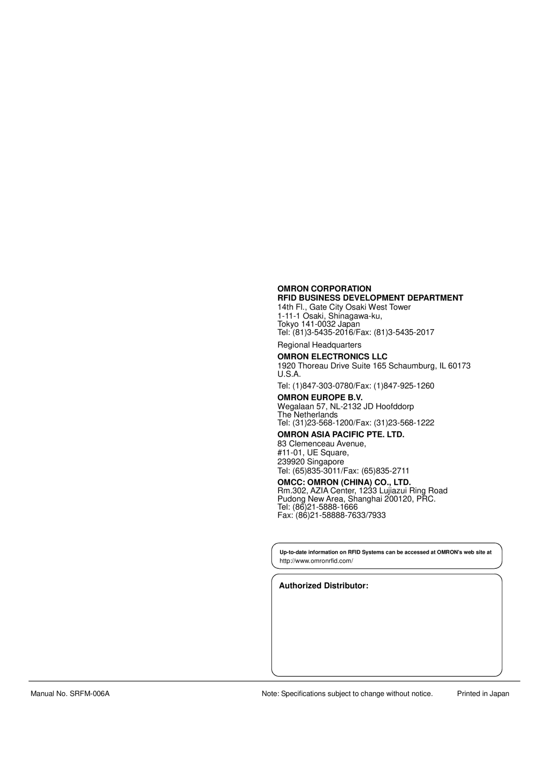 Omron V720-HS04 user manual Regional Headquarters 