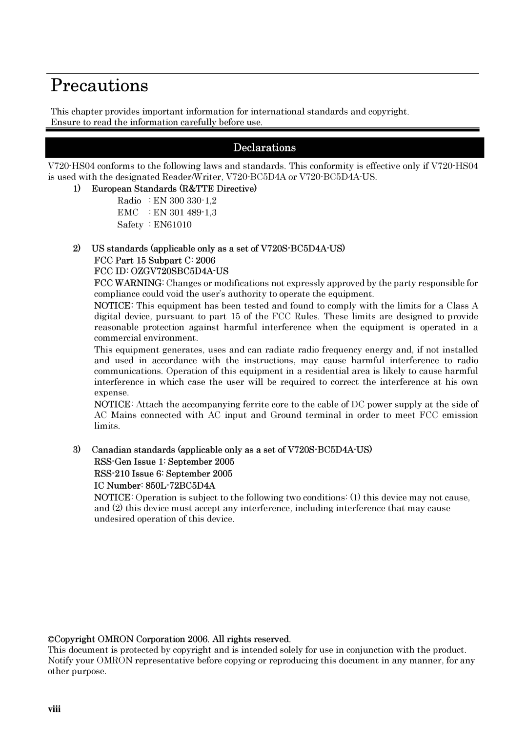 Omron V720-HS04 user manual Precautions 