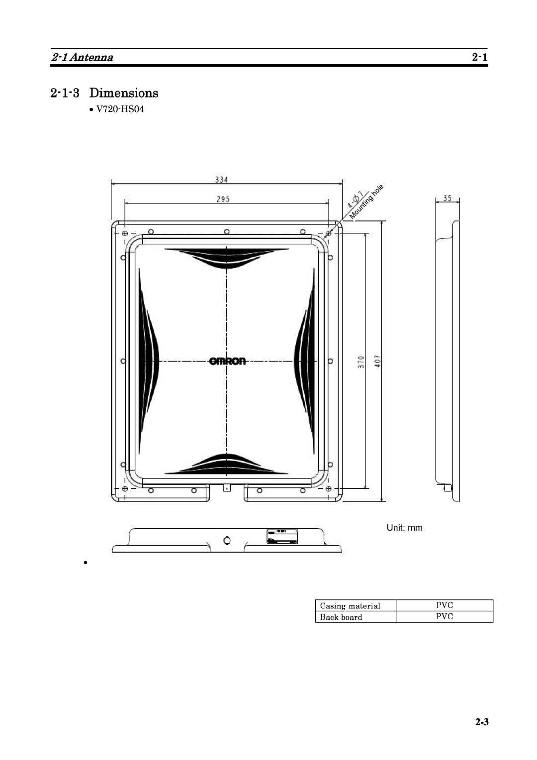 Omron V720-HS04 user manual 2-1-3Dimensions, 2-1Antenna, Unit mm 