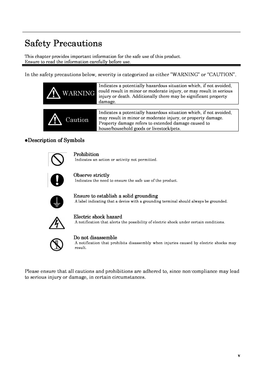 Omron V720-HS04 Safety Precautions, Description of Symbols, Prohibition, Observe strictly, Electric shock hazard 