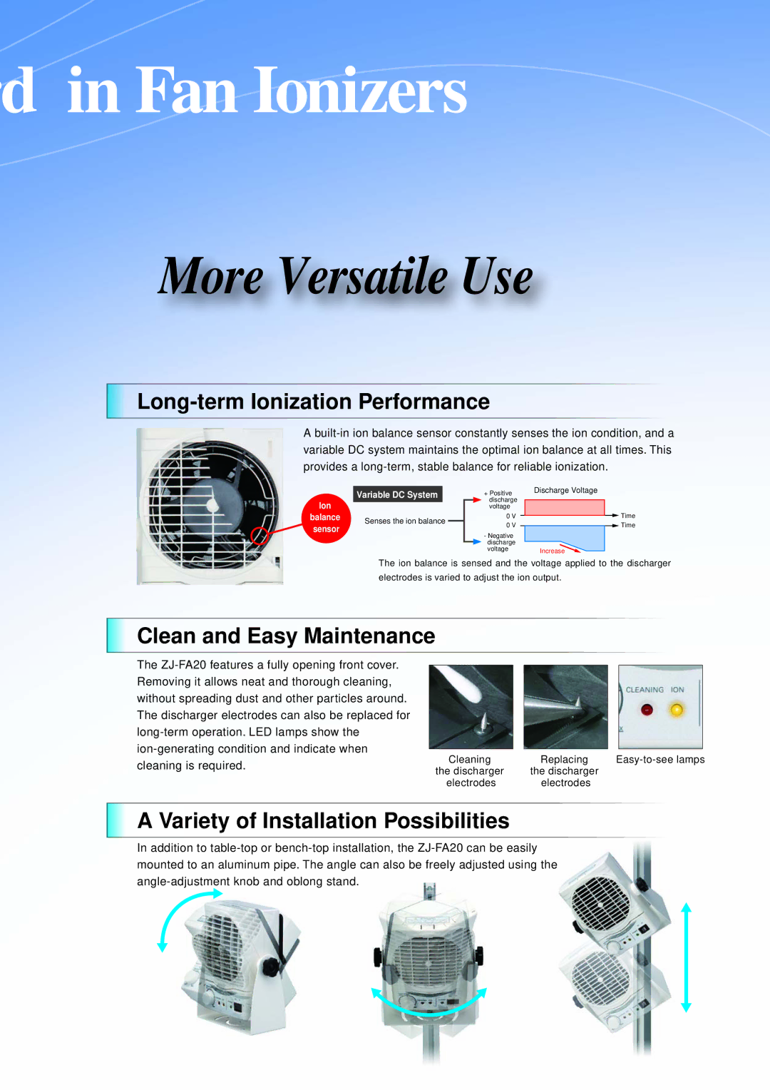 Omron ZJ-FA20 manual More Versatile Use, Long-term Ionization Performance, Clean and Easy Maintenance 