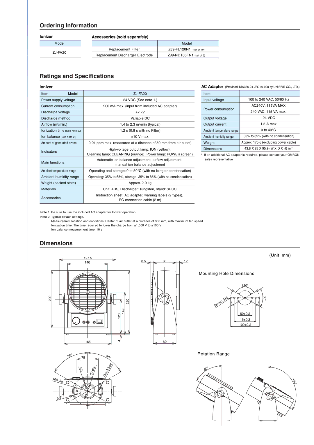 Omron ZJ-FA20 manual Mounting Hole Dimensions, Rotation Range, Unit mm 120 