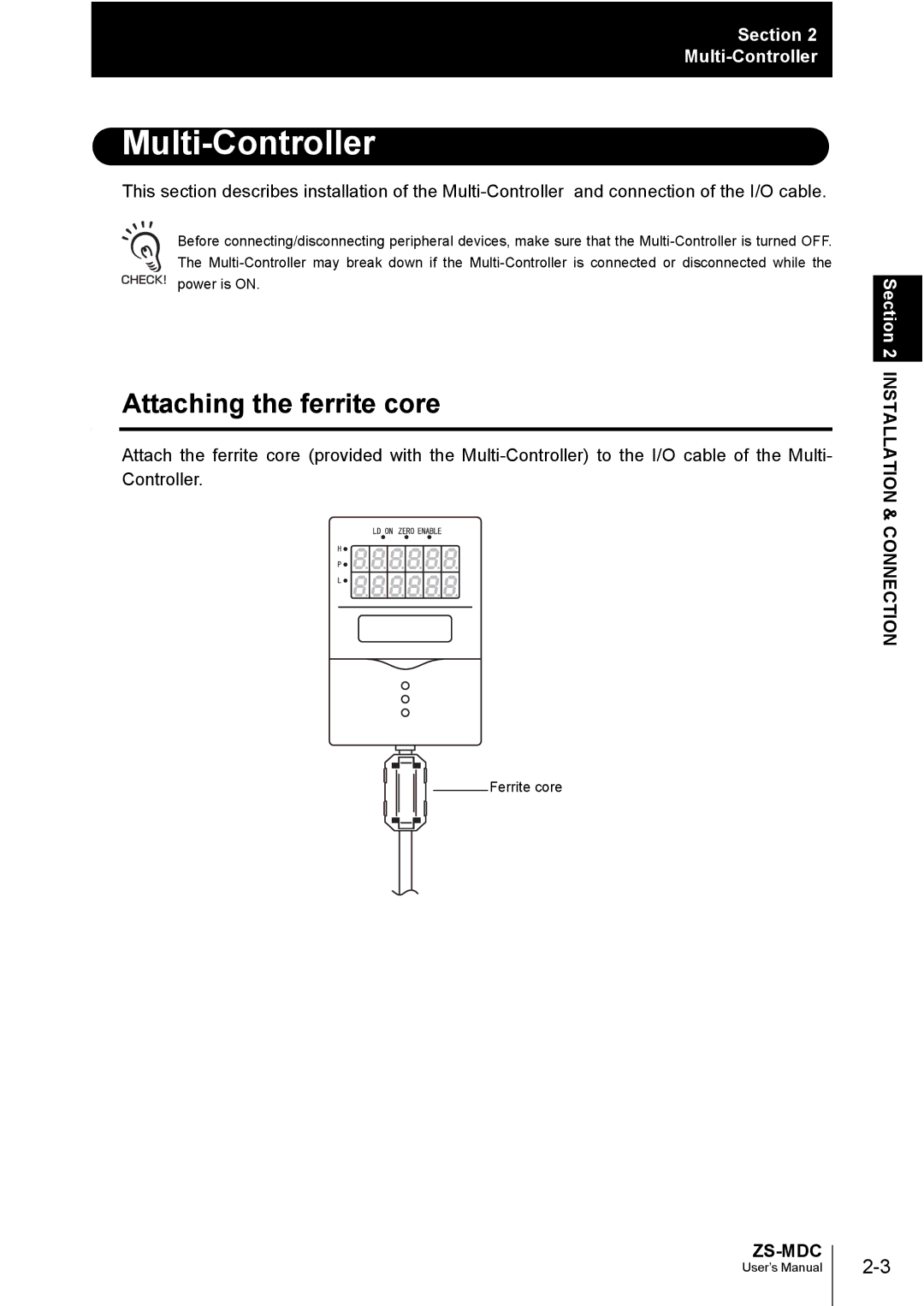 Omron ZS-MDC user manual Multi-Controller, Attaching the ferrite core 