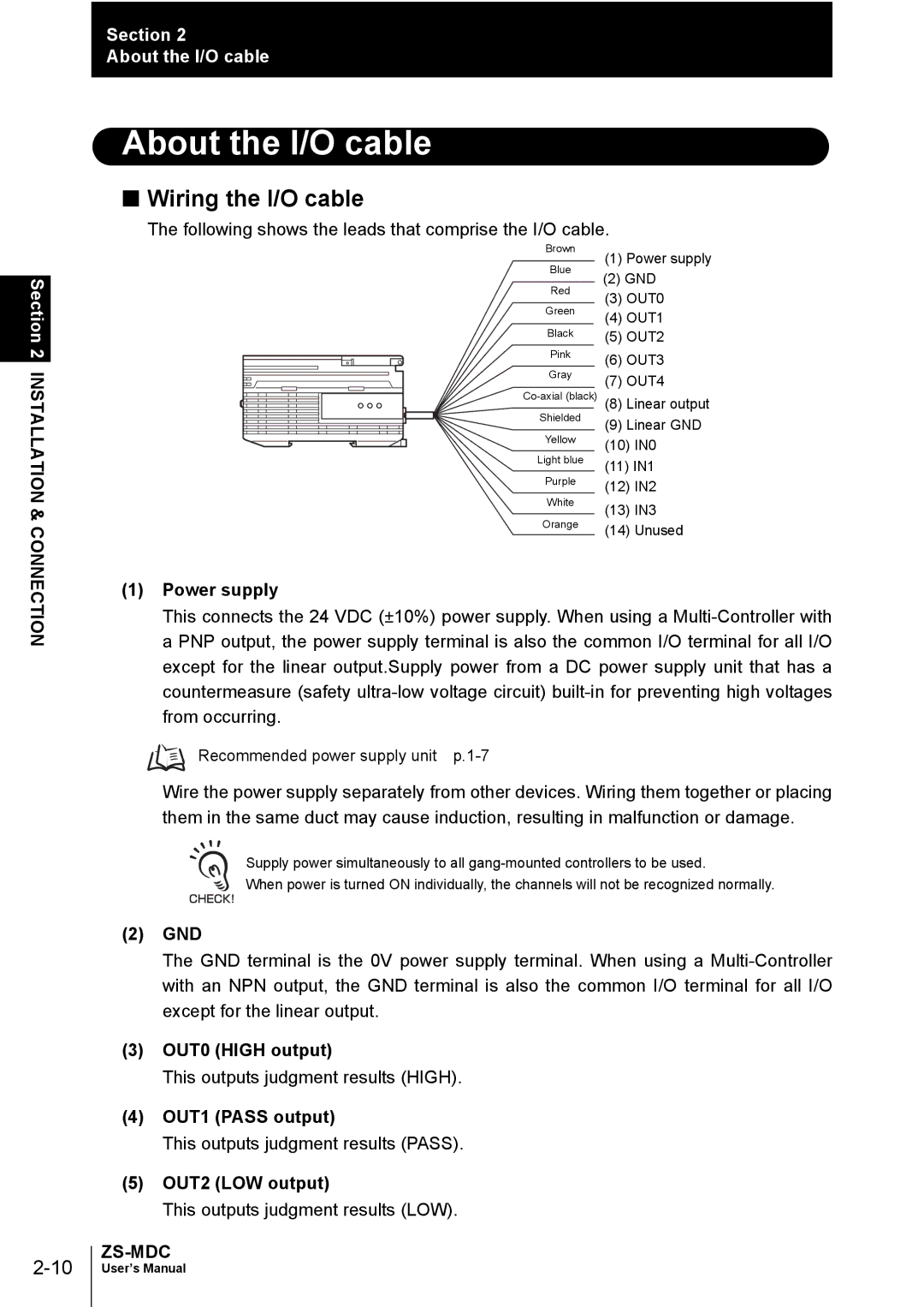 Omron ZS-MDC user manual About the I/O cable, Wiring the I/O cable 