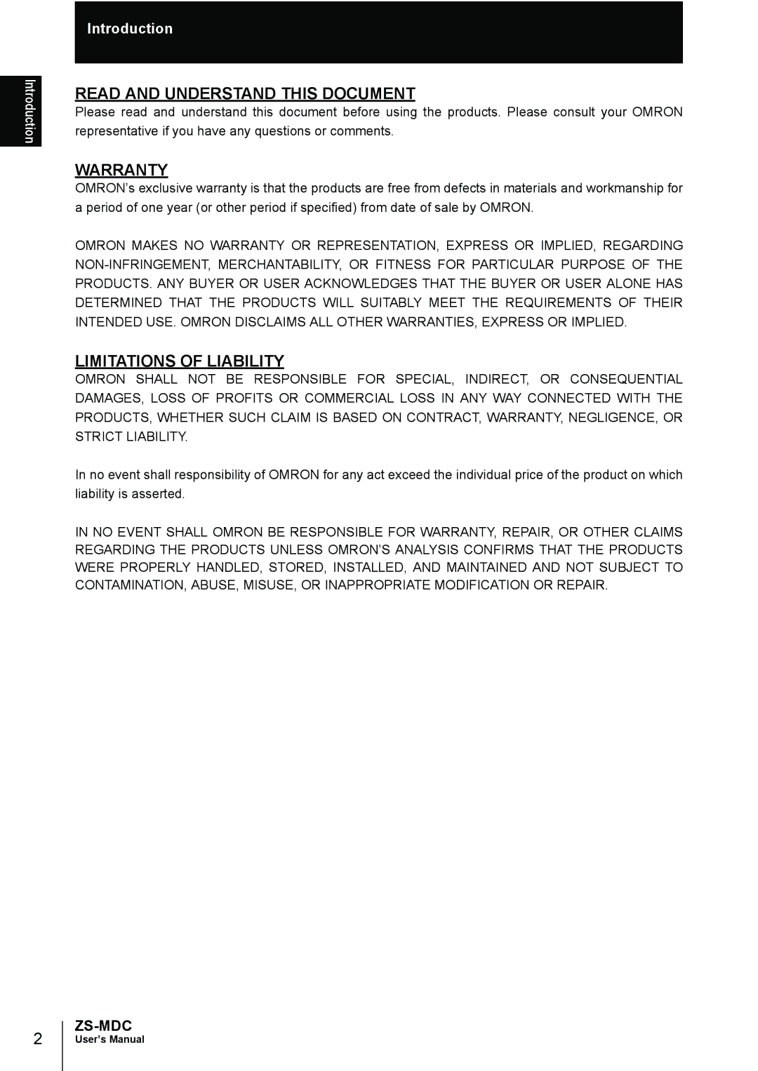 Omron ZS-MDC user manual Read and Understand this Document 