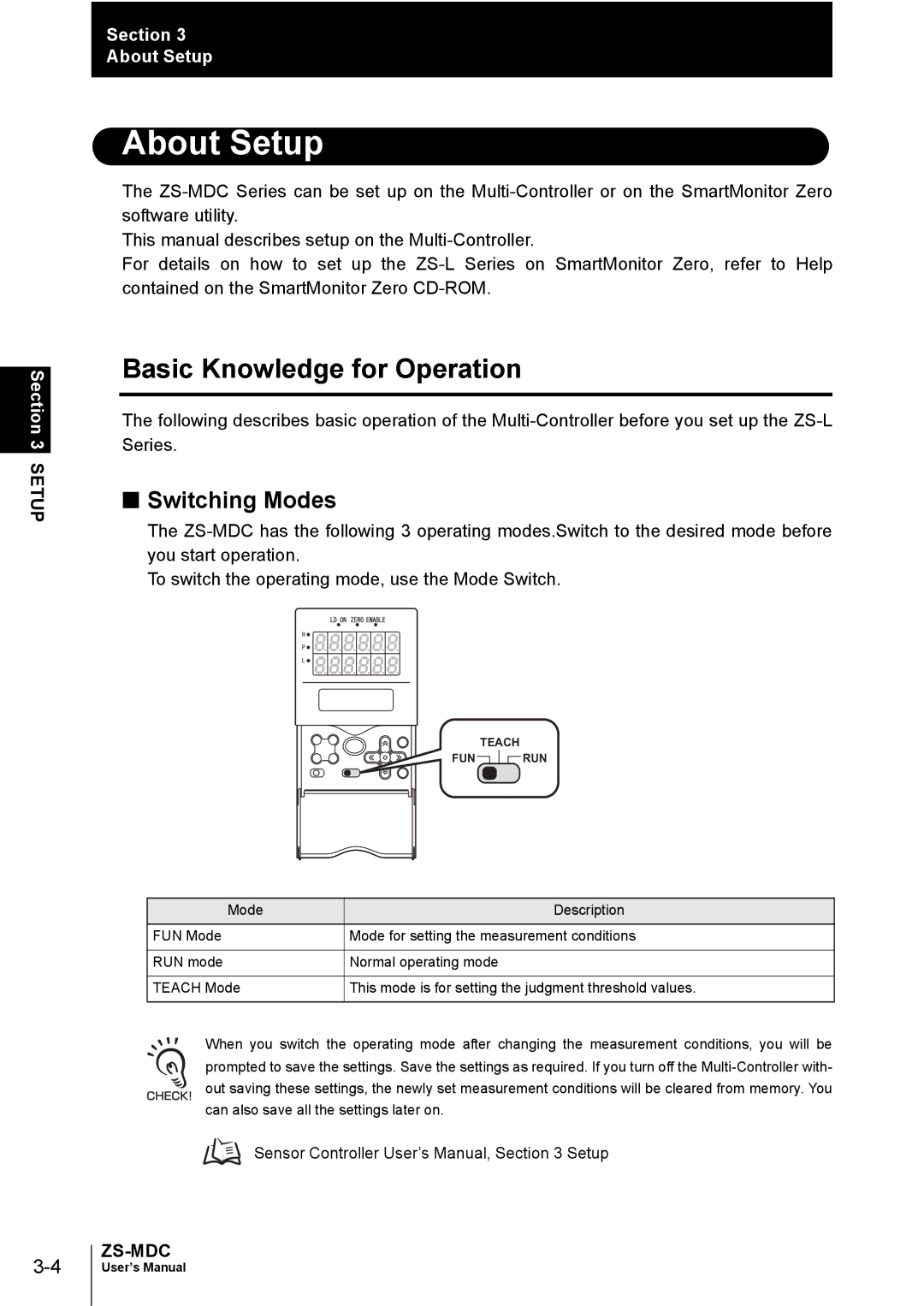 Omron ZS-MDC user manual About Setup, Basic Knowledge for Operation, Switching Modes 