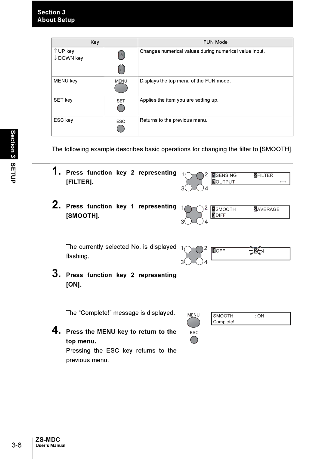 Omron ZS-MDC user manual Press function key 2 representing on, Press the Menu key to return to the top menu 