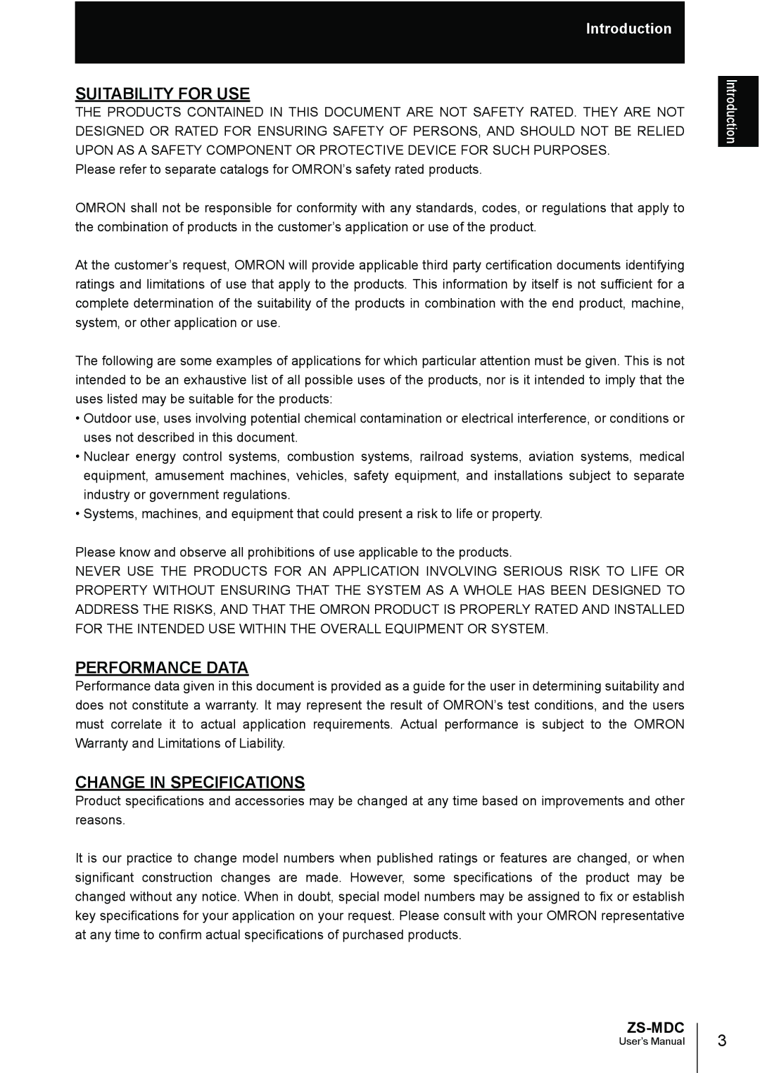 Omron ZS-MDC user manual Suitability for USE 