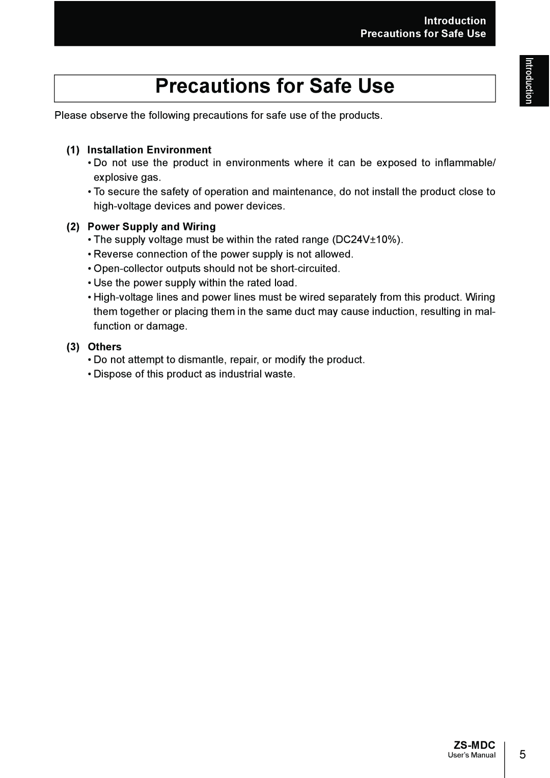 Omron ZS-MDC user manual Installation Environment, Power Supply and Wiring, Others 