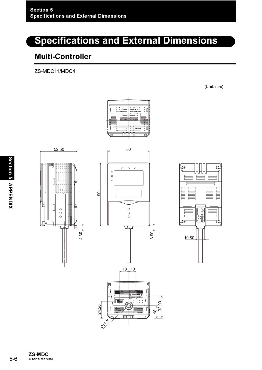 Omron ZS-MDC user manual Specifications and External Dimensions, Multi-Controller 