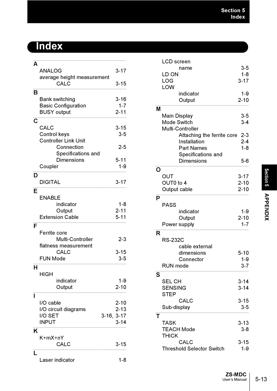 Omron ZS-MDC user manual Section Index 