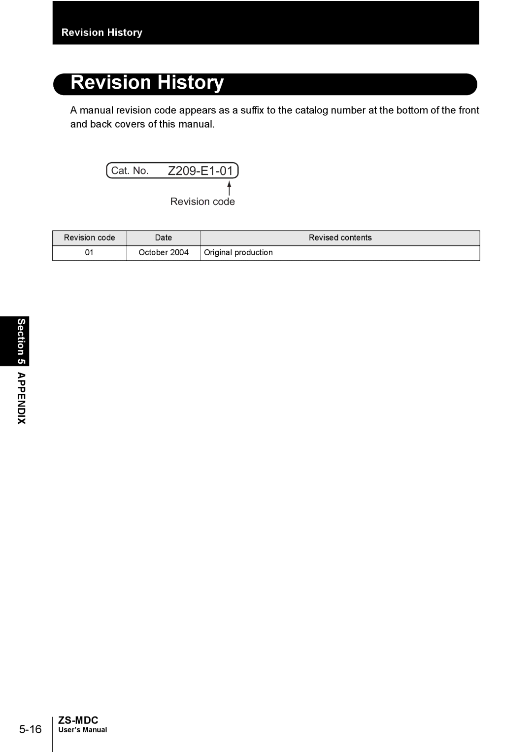 Omron ZS-MDC user manual Revision History, Z209-E1-01 