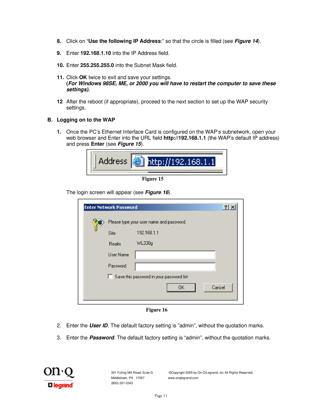 On-Q/Legrand 1307877 owner manual Logging on to the WAP 