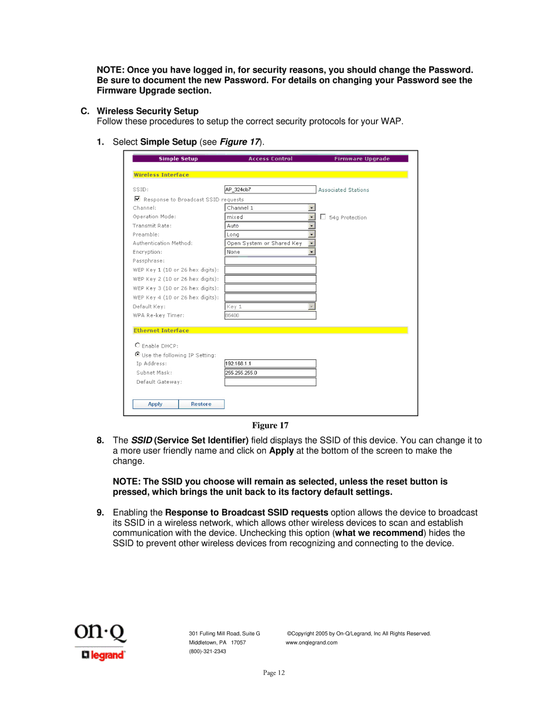 On-Q/Legrand 1307877 owner manual Wireless Security Setup 