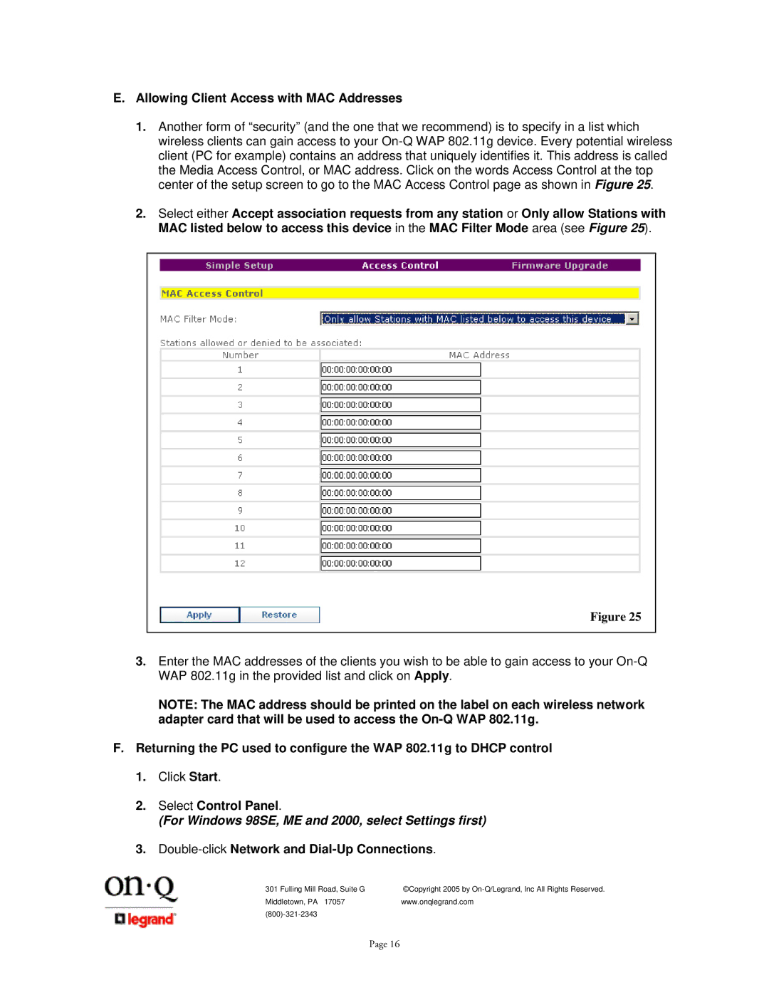 On-Q/Legrand 1307877 owner manual Allowing Client Access with MAC Addresses, Select Control Panel 