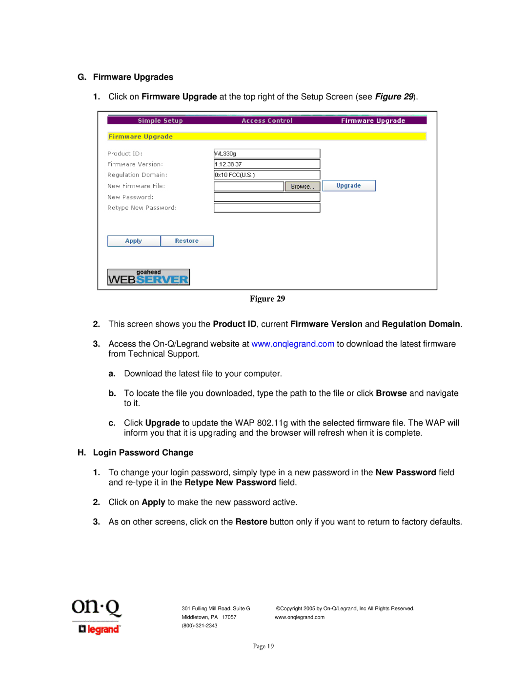 On-Q/Legrand 1307877 owner manual Firmware Upgrades, Login Password Change 