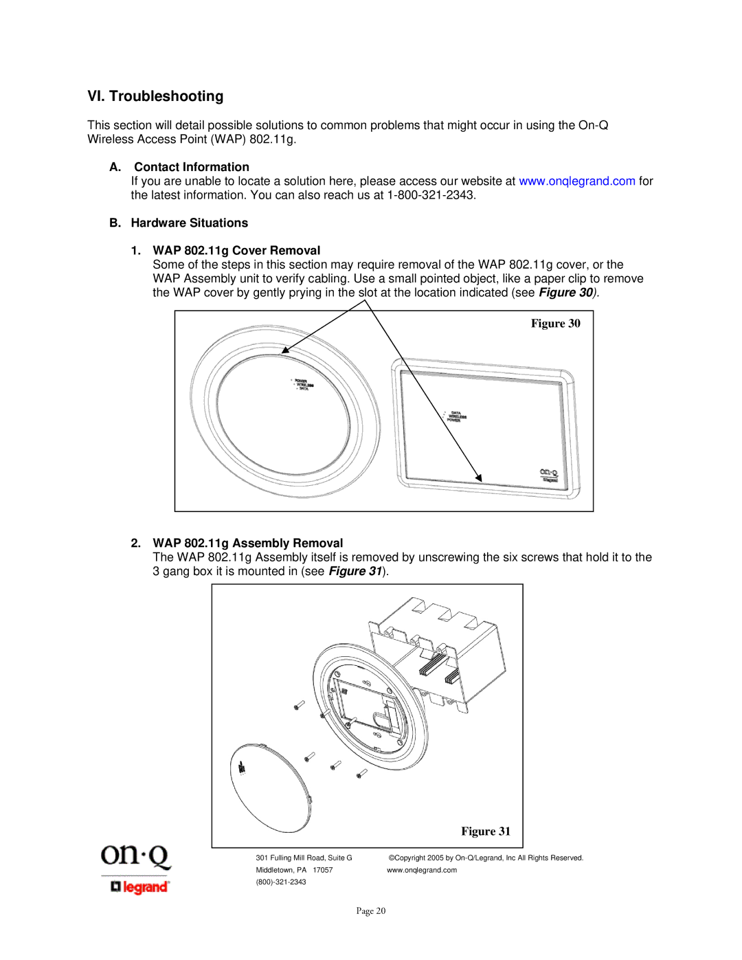 On-Q/Legrand 1307877 owner manual VI. Troubleshooting, WAP 802.11g Assembly Removal 