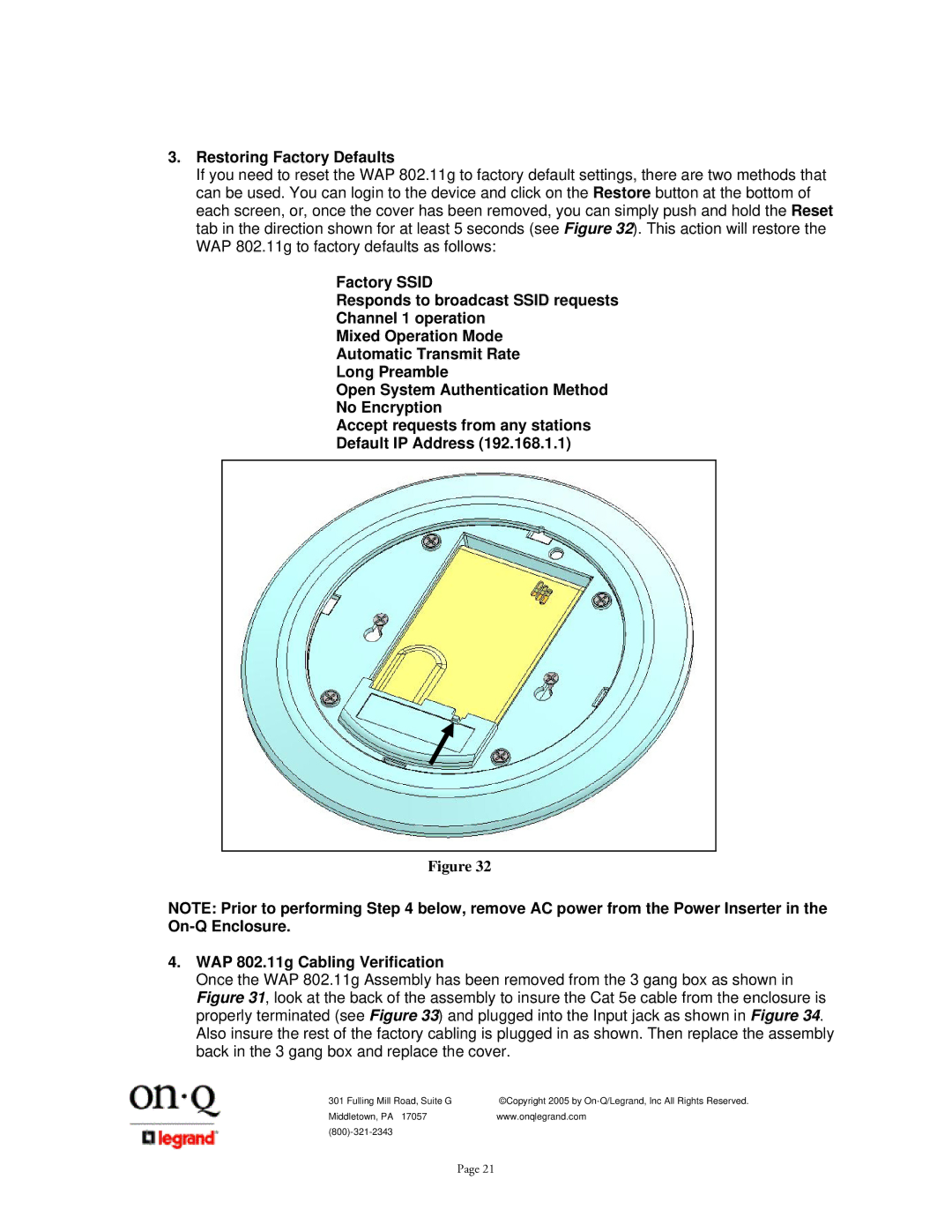 On-Q/Legrand 1307877 owner manual Restoring Factory Defaults 