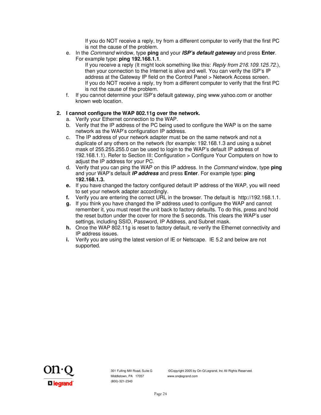 On-Q/Legrand 1307877 owner manual Cannot configure the WAP 802.11g over the network 