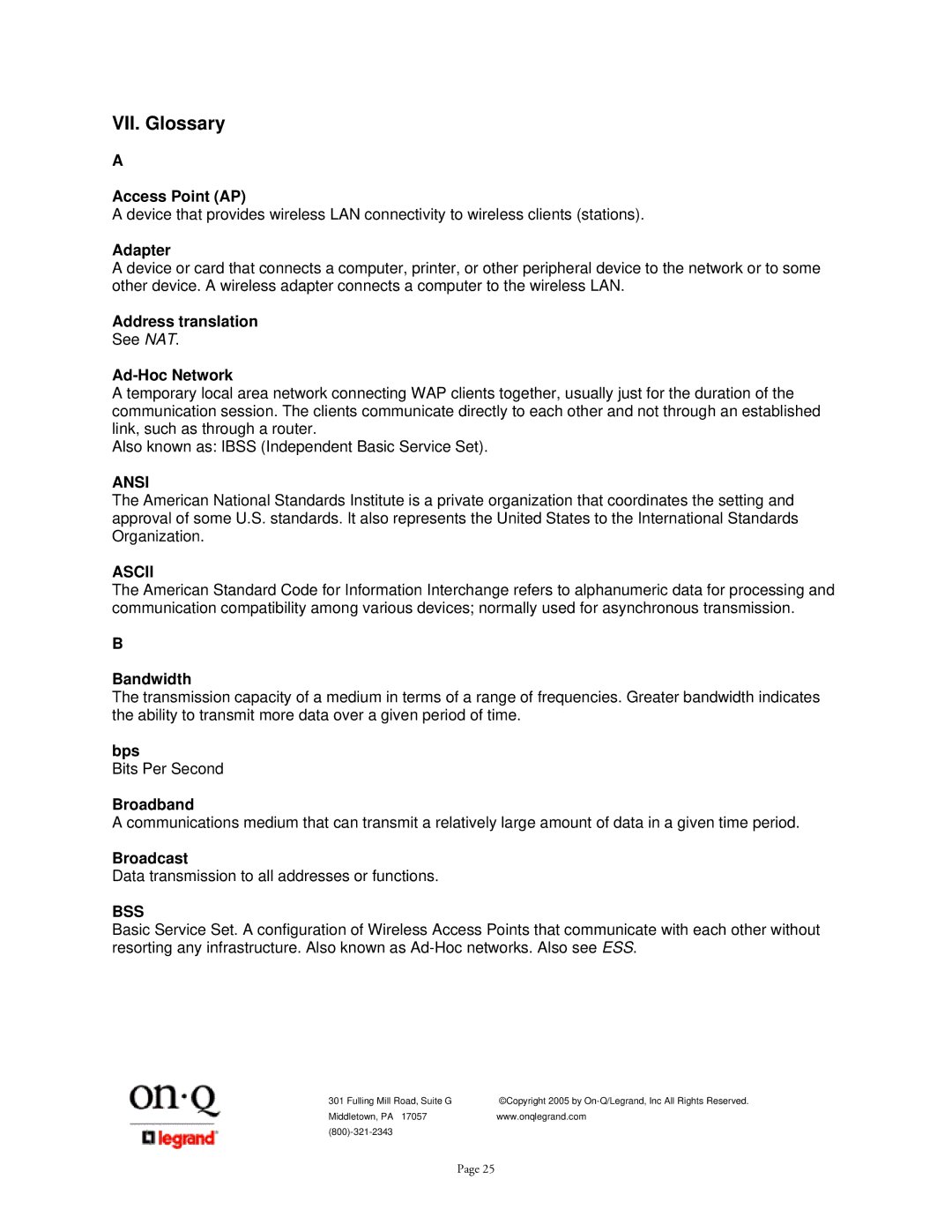 On-Q/Legrand 1307877 owner manual VII. Glossary, Ansi, Ascii, Bss 