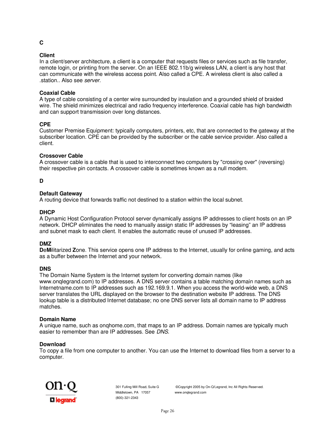 On-Q/Legrand 1307877 owner manual Cpe, Dhcp, Dmz, Dns 