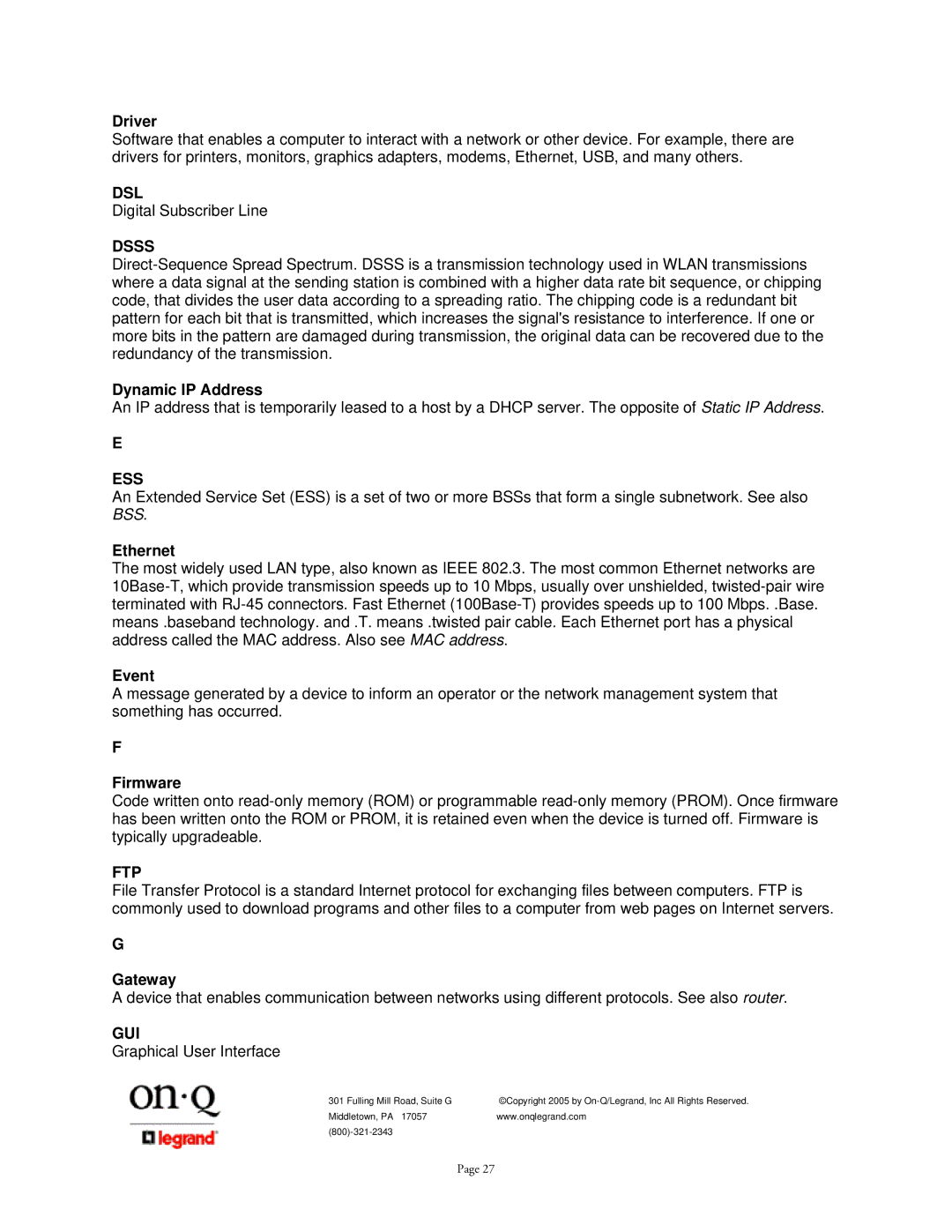 On-Q/Legrand 1307877 owner manual Dsl, Dsss, Ess, Ftp, Gui 