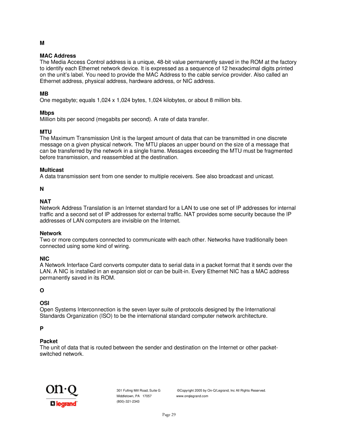 On-Q/Legrand 1307877 owner manual Mtu, Nat, Nic, Osi 