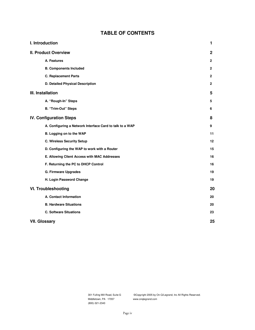 On-Q/Legrand 1307877 owner manual Table of Contents 