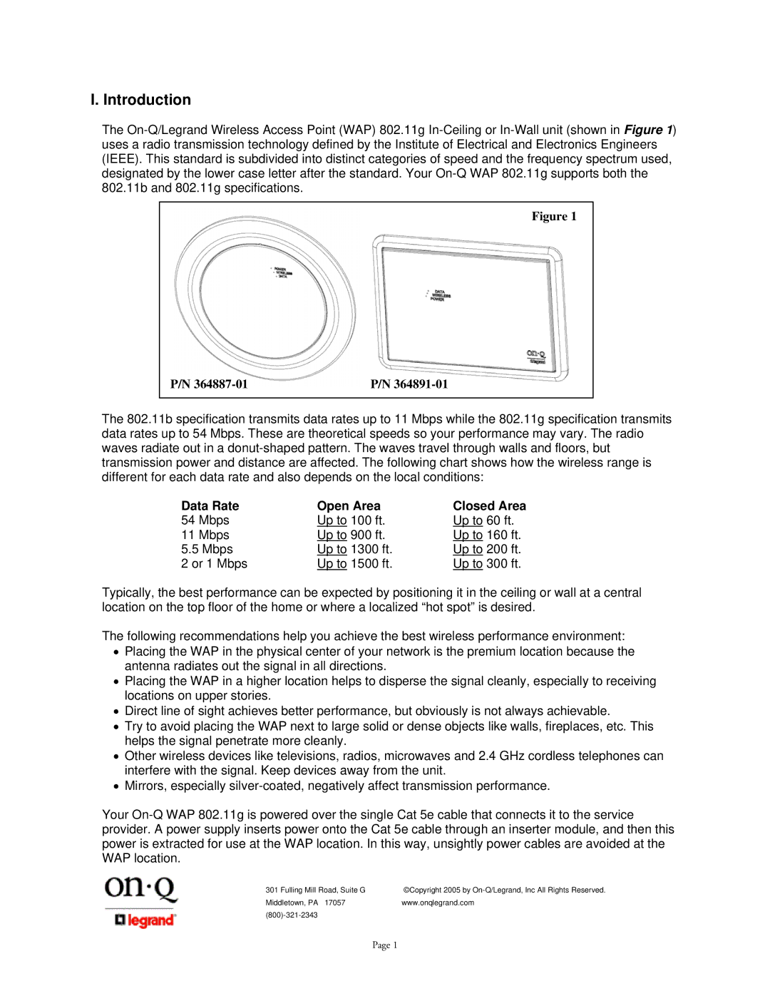 On-Q/Legrand 1307877 owner manual Introduction, Data Rate Open Area Closed Area 