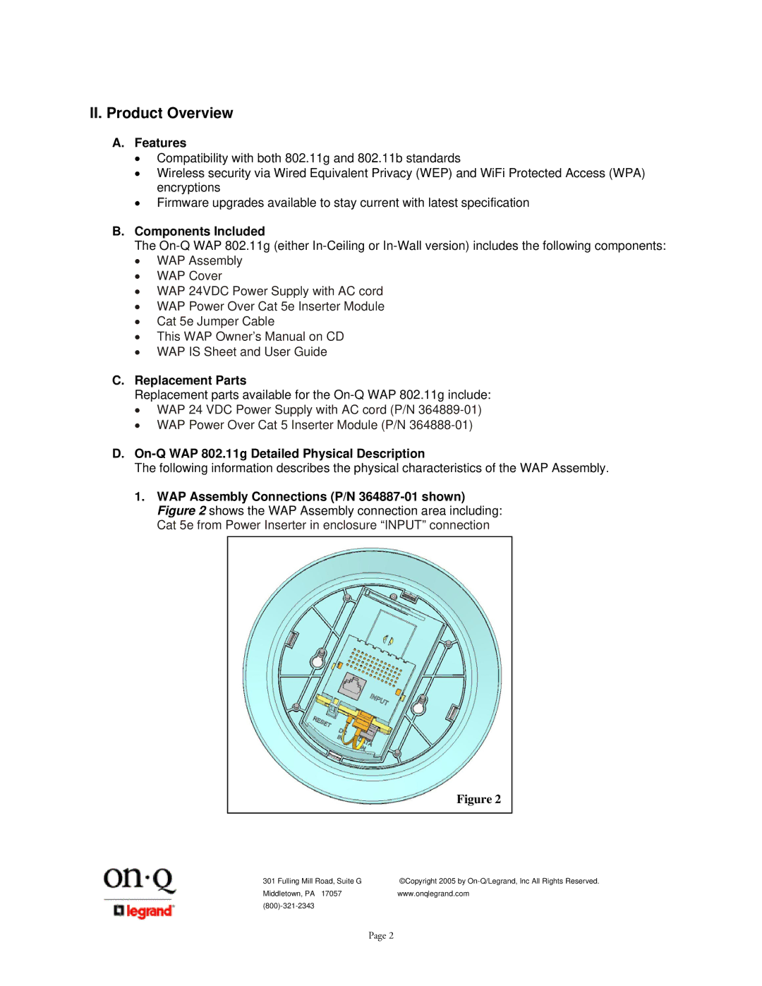 On-Q/Legrand 1307877 owner manual II. Product Overview, Features, Components Included, Replacement Parts 