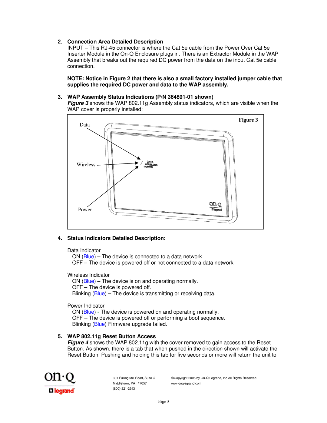 On-Q/Legrand 1307877 owner manual Connection Area Detailed Description, WAP Assembly Status Indications P/N 364891-01 shown 