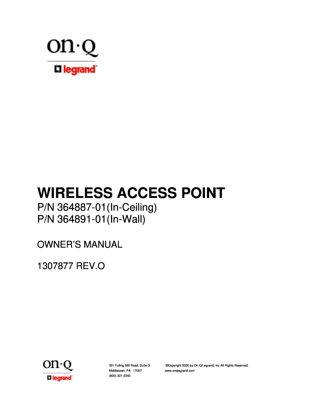 On-Q/Legrand 1307877 owner manual Wireless Access Point, P/N 364887-01In-Ceiling P/N 364891-01In-Wall, Page 