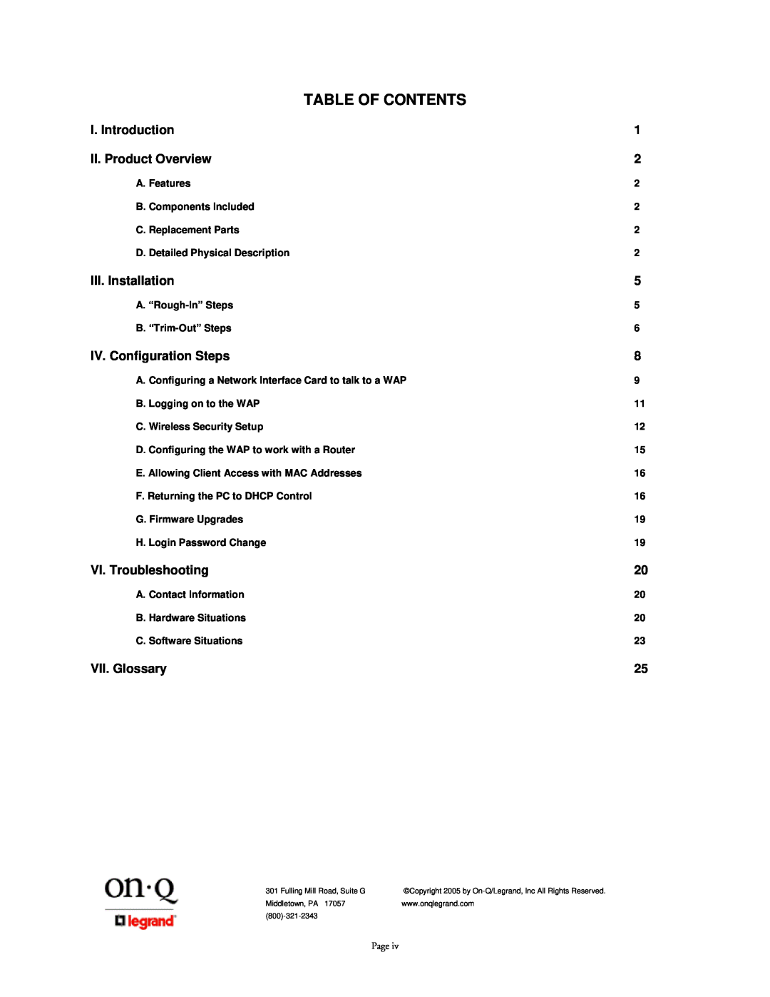 On-Q/Legrand 1307877 owner manual Table Of Contents 