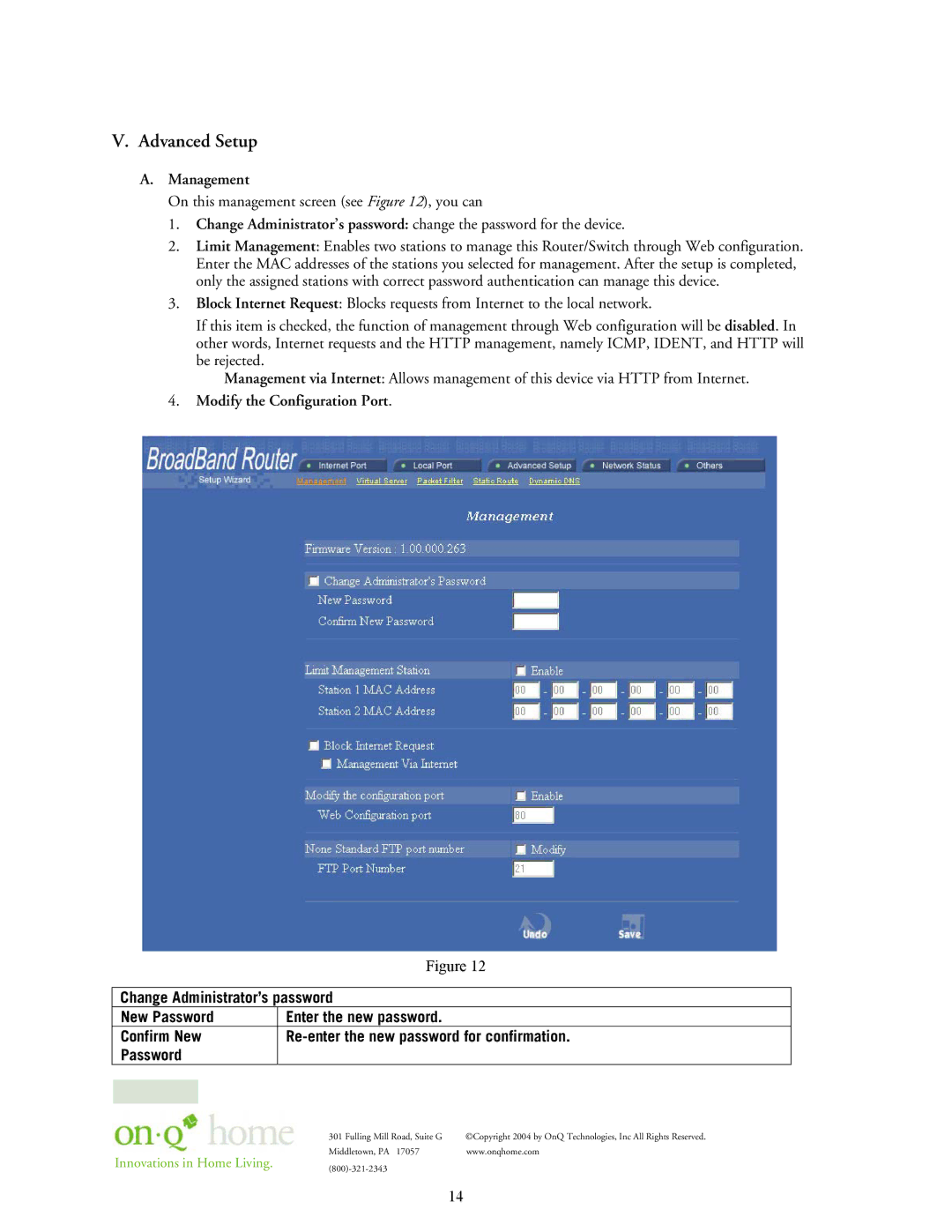 On-Q/Legrand 364732-01 owner manual Advanced Setup, Modify the Configuration Port, Change Administrator’s password 