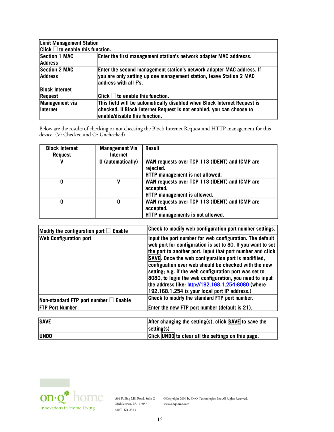 On-Q/Legrand 364732-01 Address with all F’s, Block Internet, Result, WAN requests over TCP 113 Ident and Icmp are, Enable 