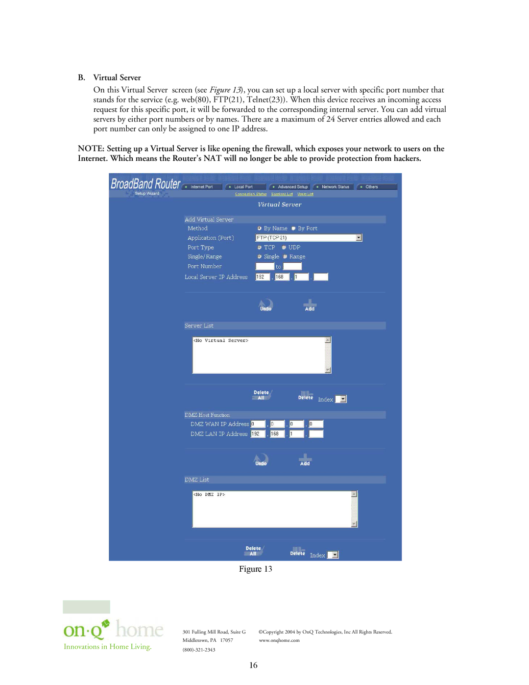 On-Q/Legrand 364732-01 owner manual Virtual Server 