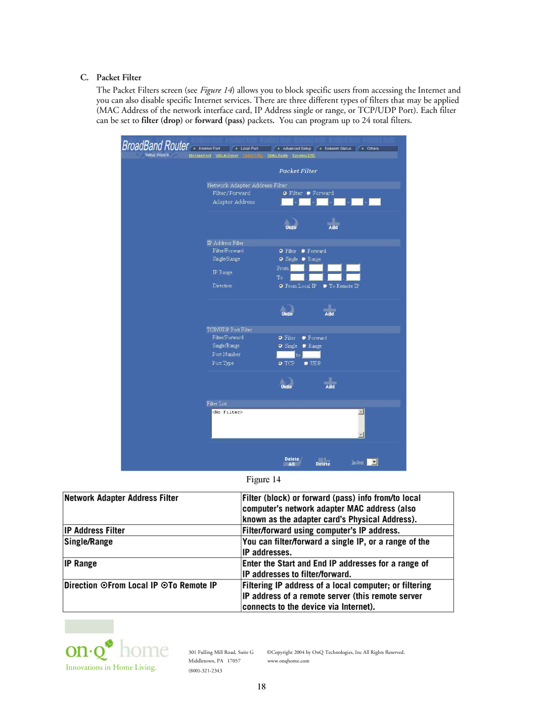 On-Q/Legrand 364732-01 owner manual IP Range, IP addresses to filter/forward, Direction ~From Local IP ~To Remote IP 