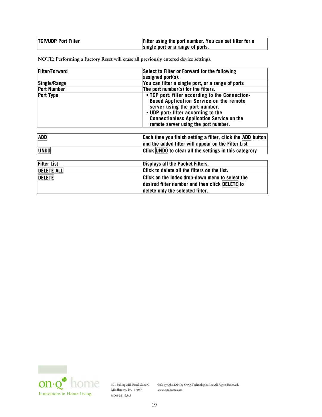 On-Q/Legrand 364732-01 Added filter will appear on the Filter List, Filter List Displays all the Packet Filters 