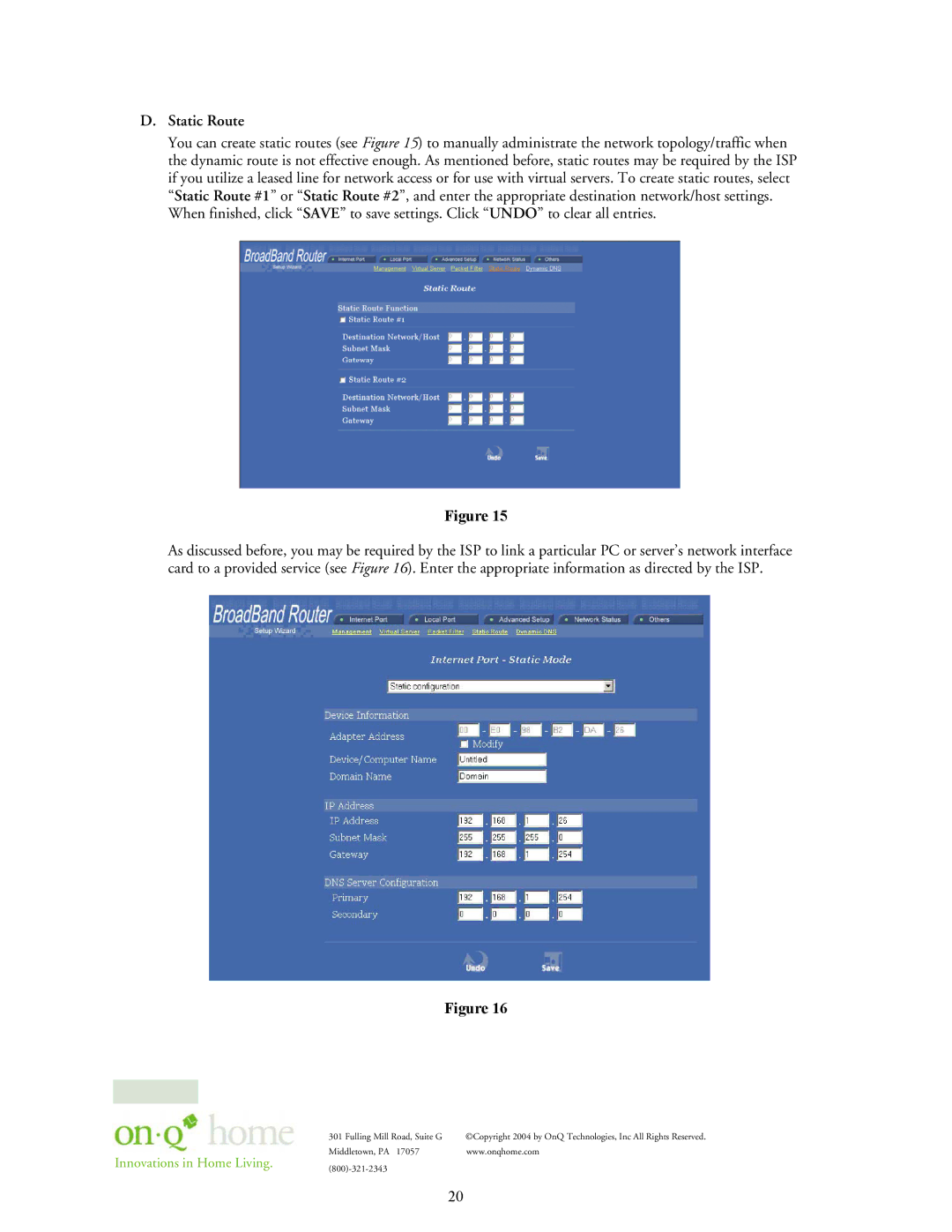 On-Q/Legrand 364732-01 owner manual Static Route 